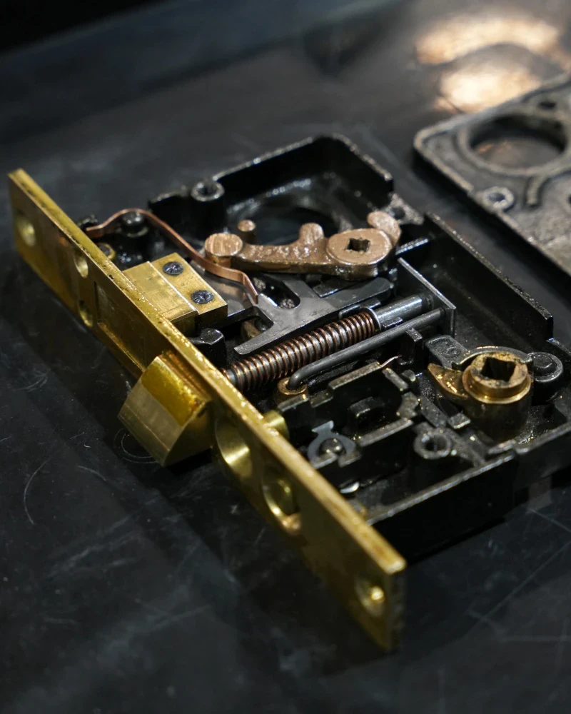 Close-up inside an antique mortise lock showing the brass latch, spring, and working levers