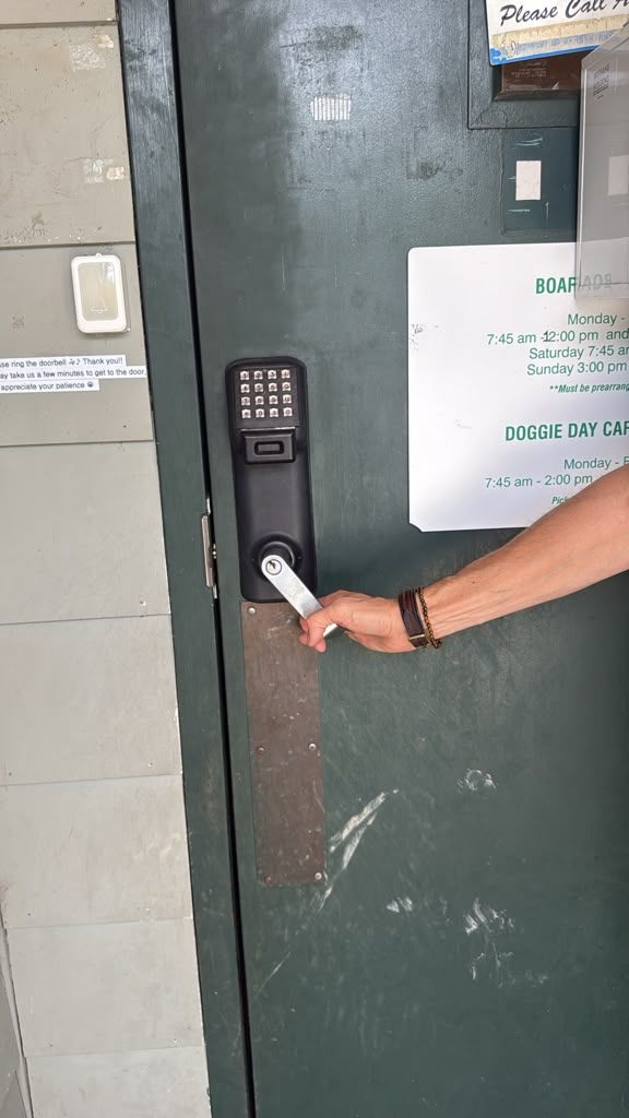 Mounted black commercial keypad lock with silver lever and long protective plate on a worn green door in Boulder - view 4