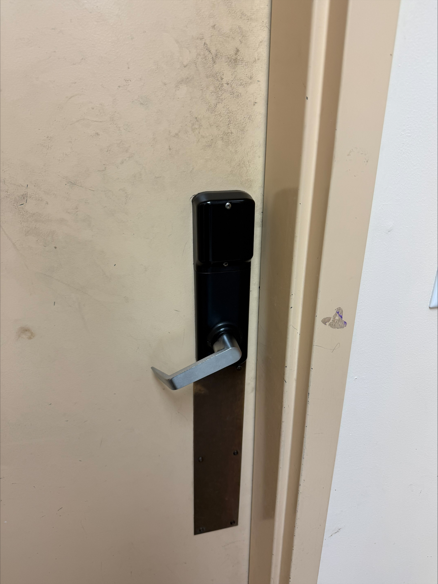 Mounted black commercial keypad lock with silver lever and long protective plate on a worn green door in Boulder