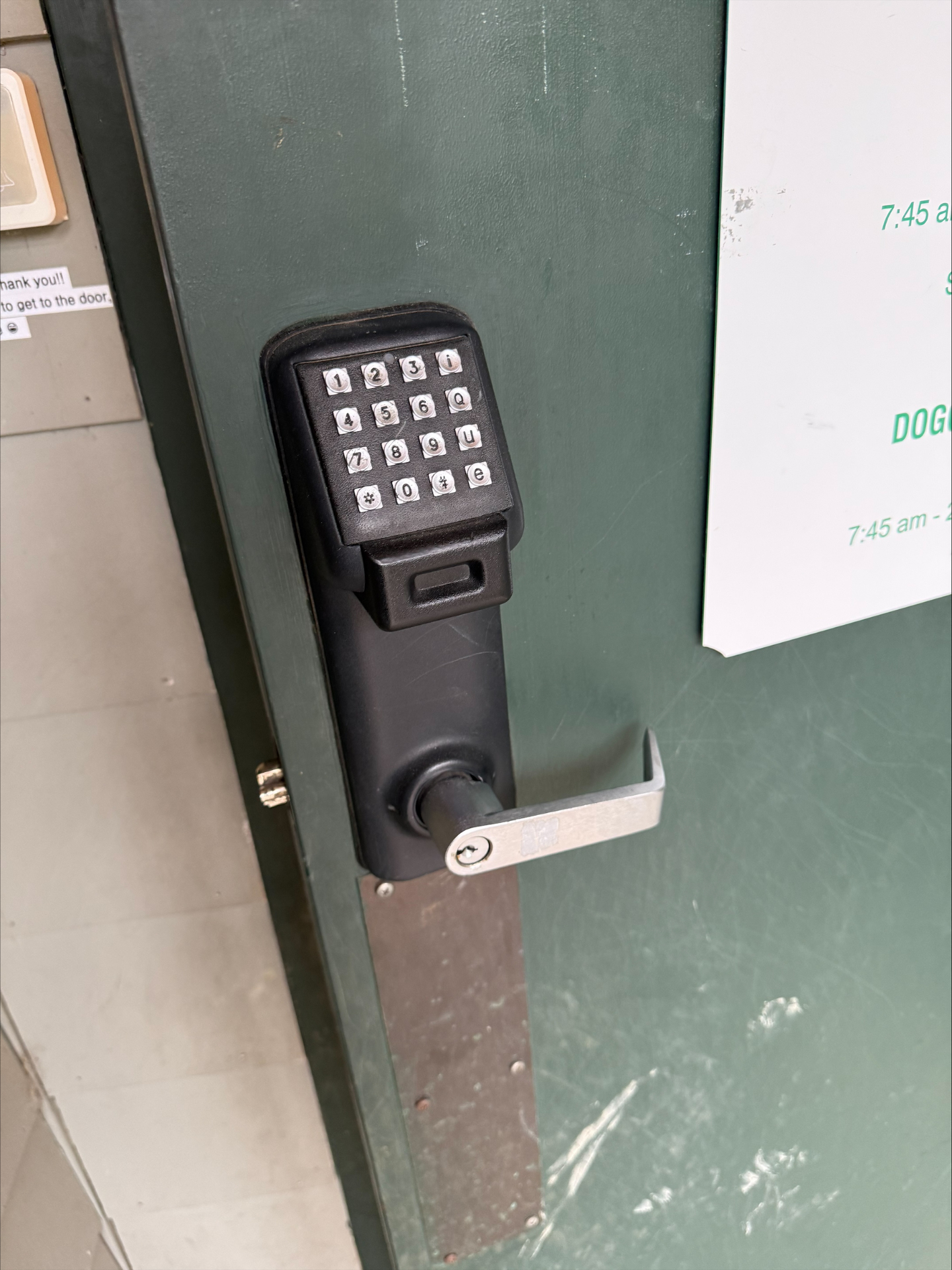 Mounted black commercial keypad lock with silver lever and long protective plate on a worn green door in Boulder - view 2