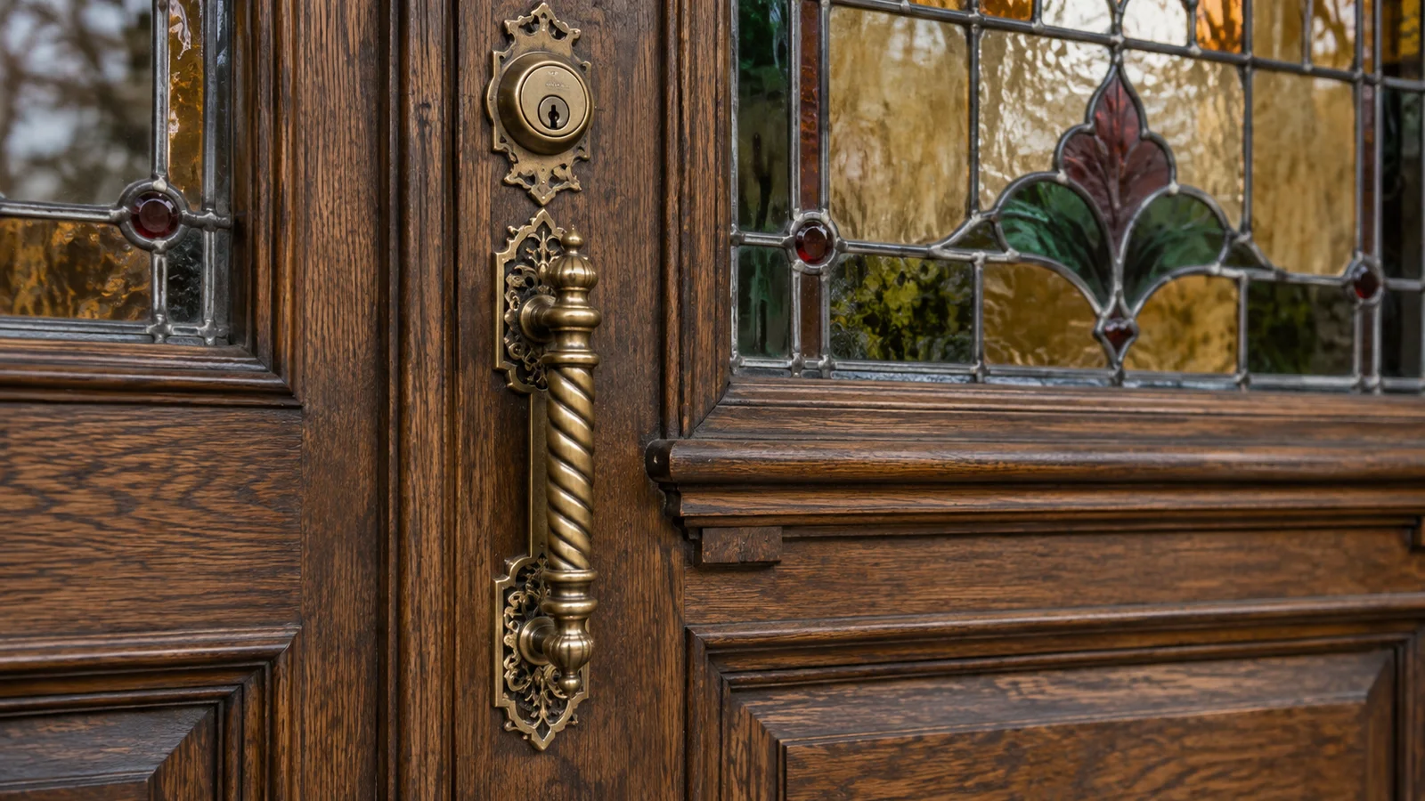 AI-generated illustration of ornate brass entry hardware on a Victorian stained-glass door