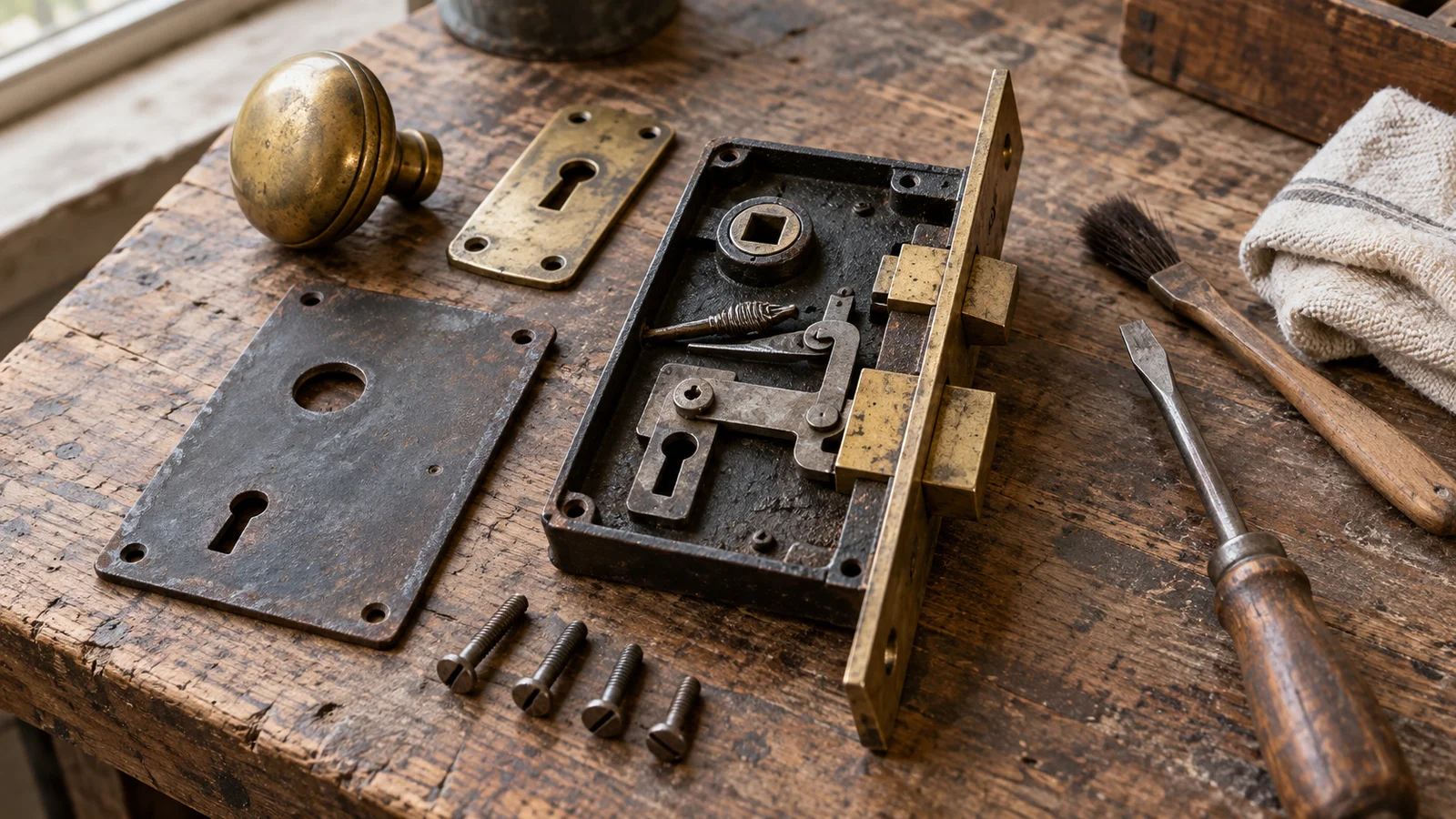 AI-generated illustration of an open antique mortise lock, brass hardware, and restoration tools on a workbench